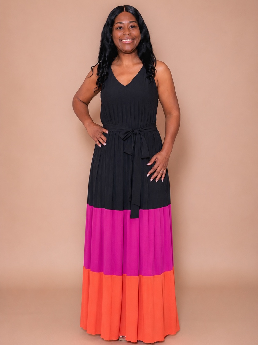 NWT APT. 9 Women’s Colorblock Pleated Midi Dress Black Pink Orange Belted Size M